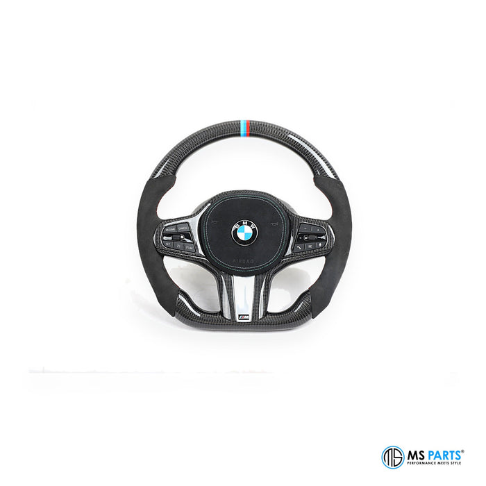 MS Parts Custom Carbon-Lenkrad für BMW G-Serie, Alcantara mit Sichtcarbon und M-Streifen