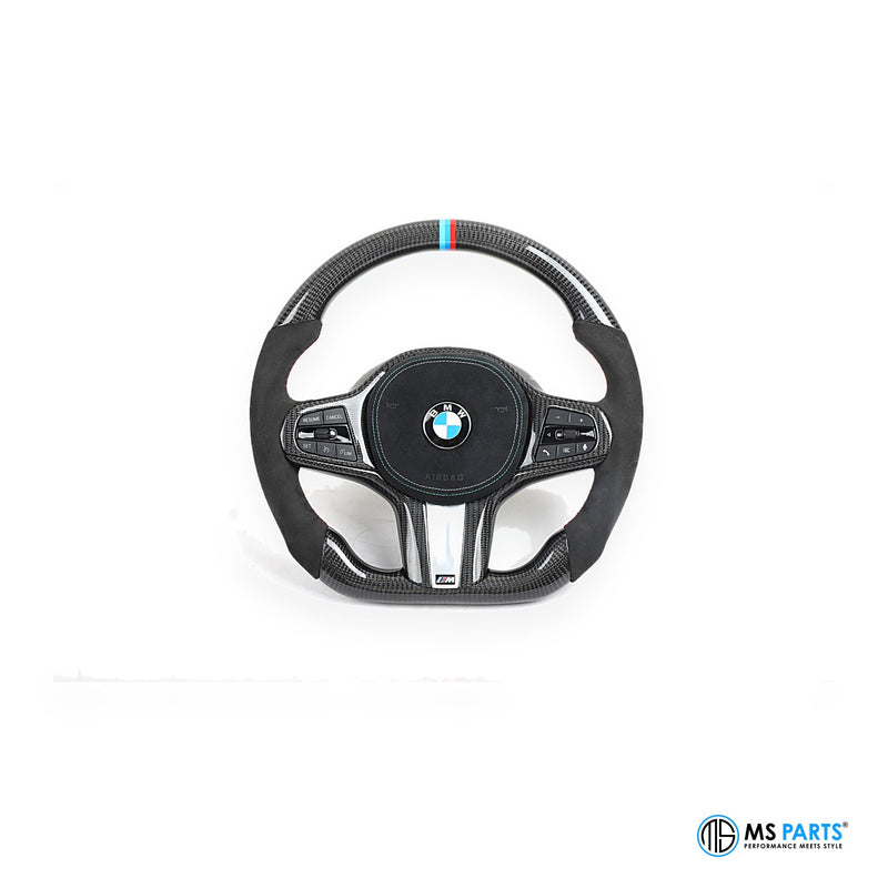 MS Parts Custom Carbon-Lenkrad für BMW G-Serie, Alcantara mit Sichtcarbon und M-Streifen
