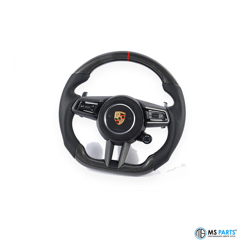 MS Parts Custom Carbon-Lenkrad für Porsche 911, Ansicht mit Porsche-Wappen und Fahrmodus-Schalter