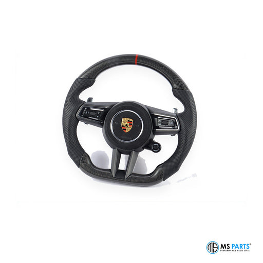 MS Parts Custom Carbon-Lenkrad für Porsche 911, Ansicht mit Porsche-Wappen und Fahrmodus-Schalter