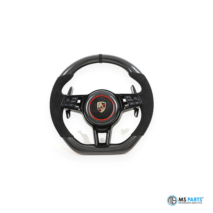 MS Parts Custom Carbon-Lenkrad für Porsche mit Sichtcarbon, Alcantara und rotem Ring (Beispielbild)