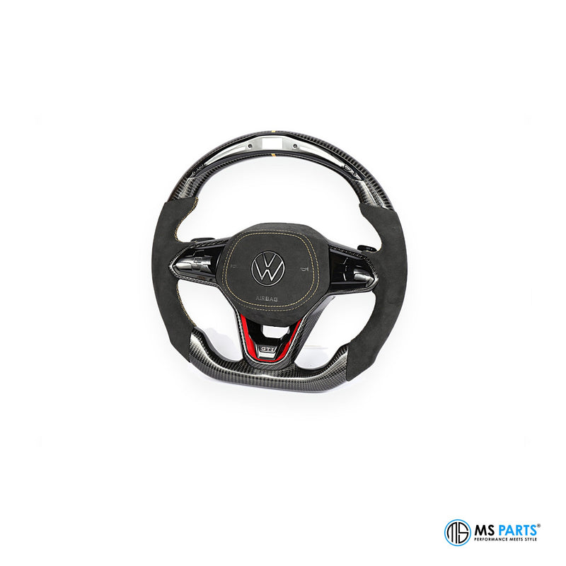 MS Parts Custom Carbon-Lenkrad für VW Golf 8 GTI und R, Sichtcarbon mit roter Mittelspange